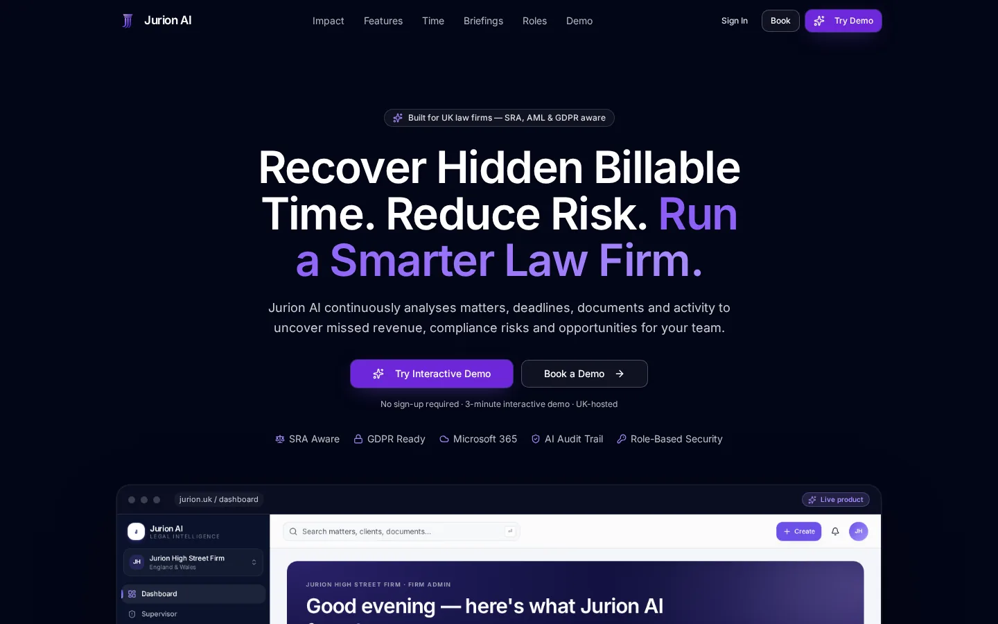 Jurion AI landing page showing dashboard preview and AI intelligence modules