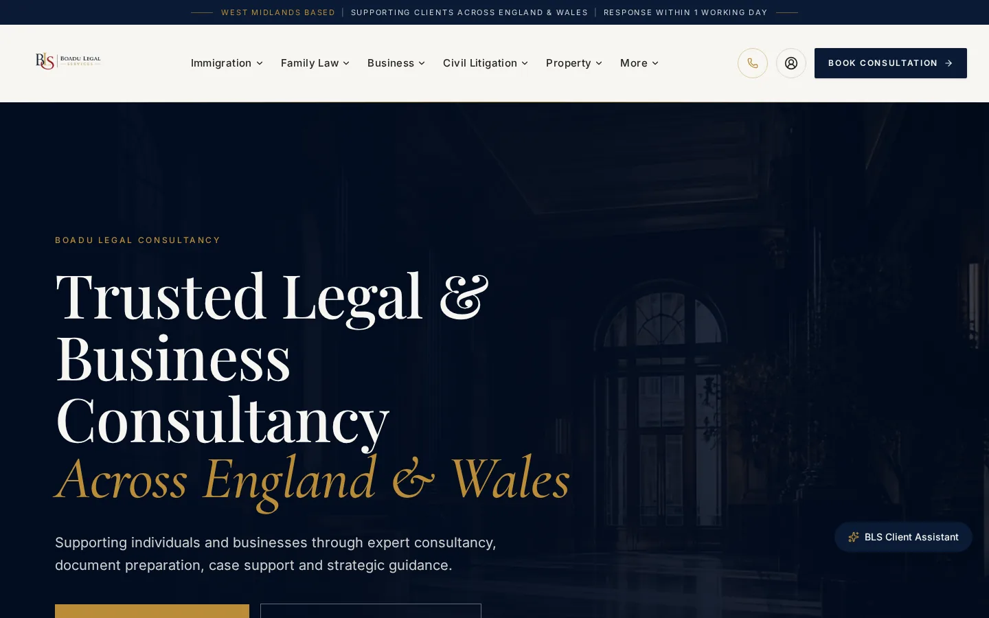 Boadu Legal Services homepage. A legal consultancy site for clients across England and Wales.