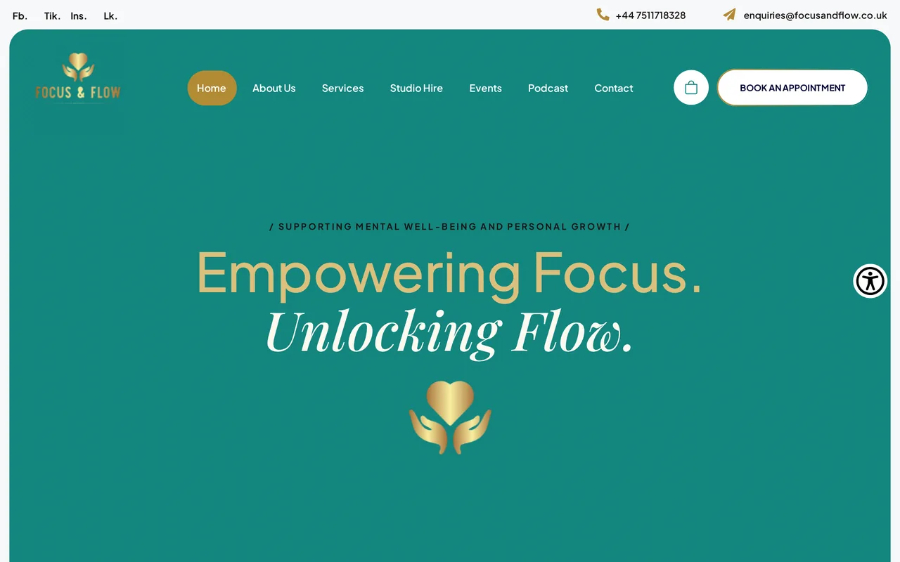 Focus & Flow CIC homepage. A calm, accessible digital home for a wellbeing community.